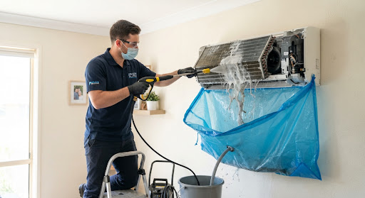 AC technician mounting a waterproof wall catch bag under a white split AC indoor unit, spraying high-pressure foam jet water to clean cooling fins