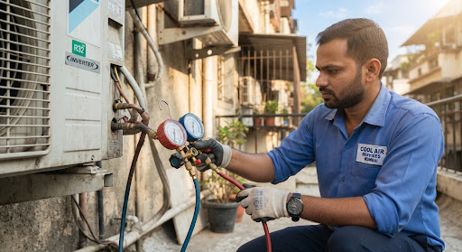 Air conditioning technician in Mumbai attaching a brass pressure gauge manifold hose to outdoor inverter AC valve, testing for R32 gas leaks