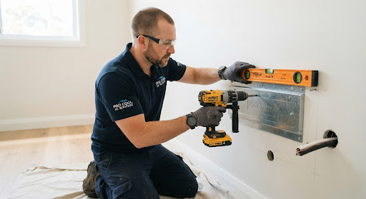 Technician mounting a white split AC indoor unit backplate to a clean painted room wall using a spirit bubble level tool