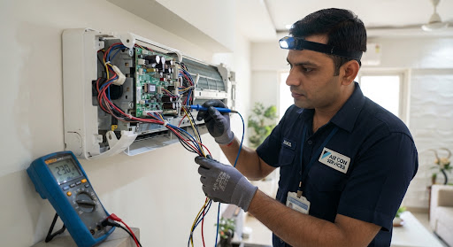 Skilled technician inspecting the electronic motherboard PCB and wiring harness of split air conditioner inside a Mumbai apartment