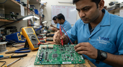 Electronics technician using fine-point probe multimeter testing an inverter air conditioning green circuit board in Mumbai lab