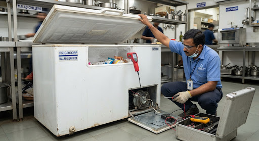 Commercial chest deep freezer being checked by service engineer in Malad West