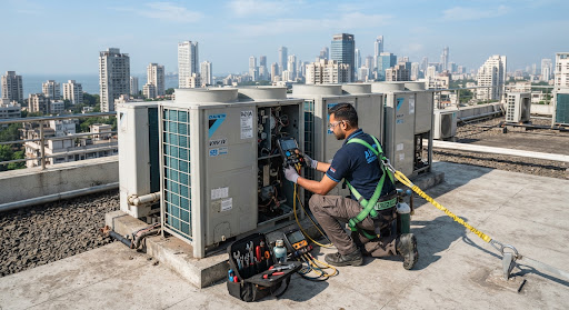 Commercial HVAC technician on an office building rooftop in Mumbai inspecting large VRV VRF condenser units