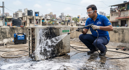 HVAC service specialist directing water lance with foaming detergent directly through aluminum heat transfer cooling coils of an AC condenser