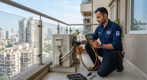 Professional Indian HVAC technician in Malad West Mumbai inspecting an outdoor air conditioning split compressor on a residential apartment balcony with digital manifold gauge