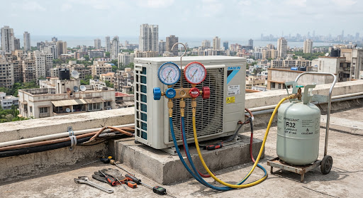 Brass dual manifold gauges connected with high pressure hoses to an R32 refrigerant cylinder during an air conditioner recharge