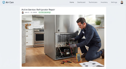 Appliance technician working on the rear compressor compartment of a stainless steel frost-free refrigerator, testing thermostat and PTC relay