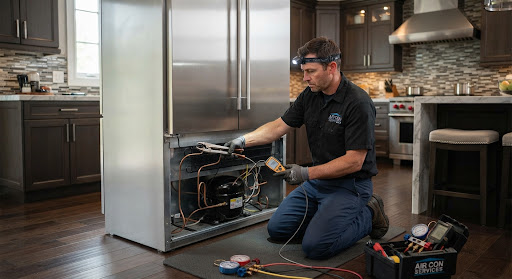 Professional technician servicing rear compressor compartment of stainless steel double door refrigerator
