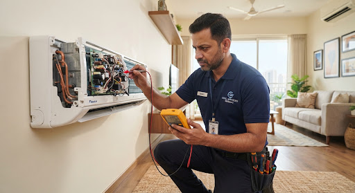 Experienced Indian HVAC technician in clean navy work polo holding yellow digital multimeter testing circuit PCB of split AC in living room