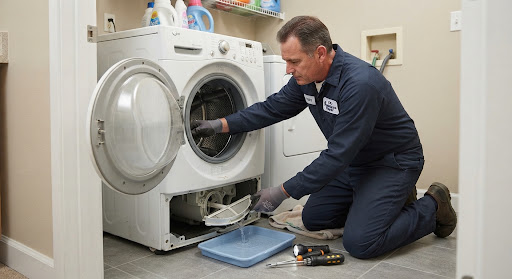 Professional technician servicing a front-loading washing machine, opening the drain filter and checking drum suspension dampers