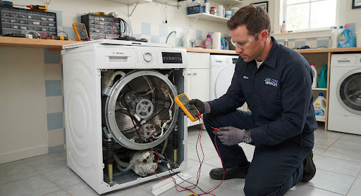 Repairman working on front load washing machine with open drum assembly, testing electric motor and drain pump