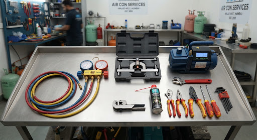 Technician equipment flat lay and workshop bench setup showing brass manifold gauge set, copper flaring tool, and vacuum pump in Malad workshop